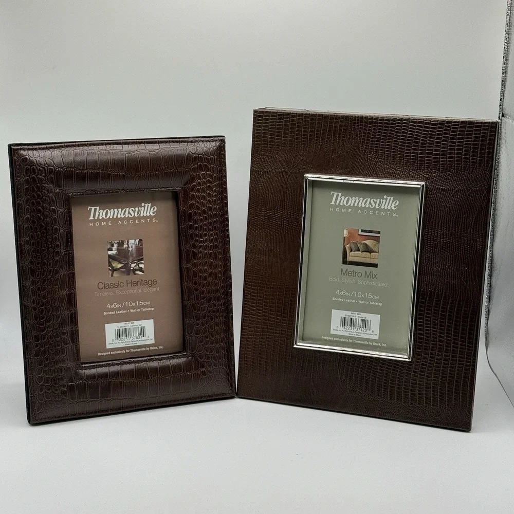 Pair Thomasville Leather Croc Embossed 4x6 Picture Frames Brown Home Decor